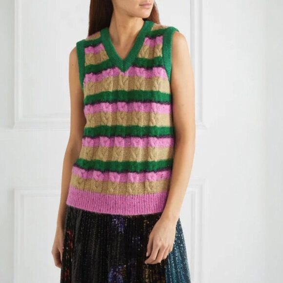 Ashish Sequins Multicolor Metallic Striped Cable-knit Sweater Vest Women's Sz L - Picture 1 of 6